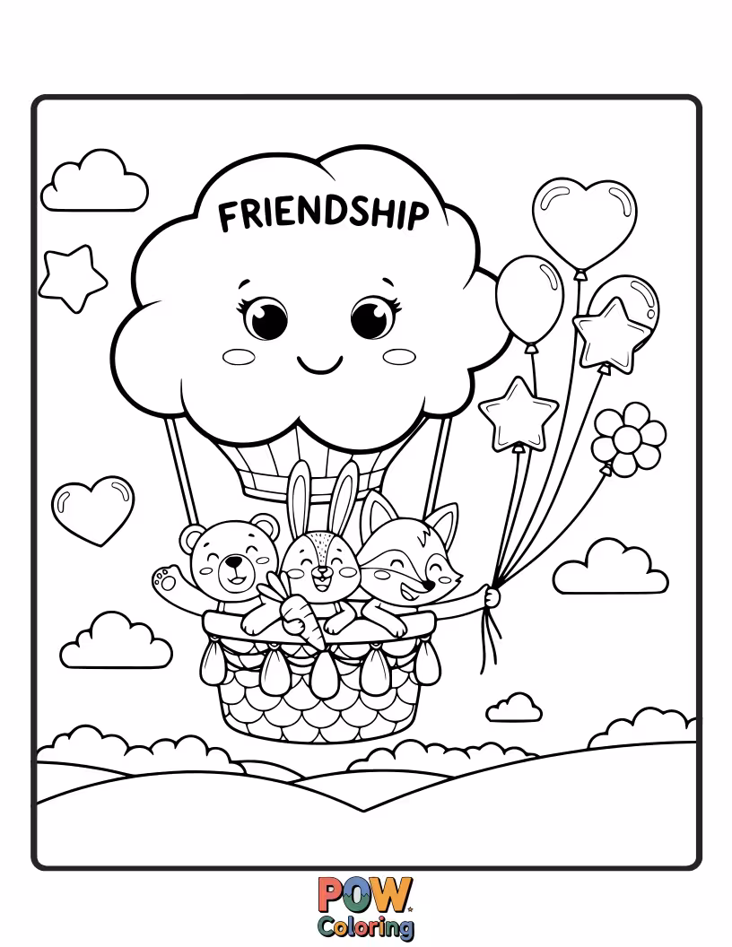 Free coloring page of Three delighted jungle friends holding onto a cluster of giant, colorful balloons, floating happily through the sky.