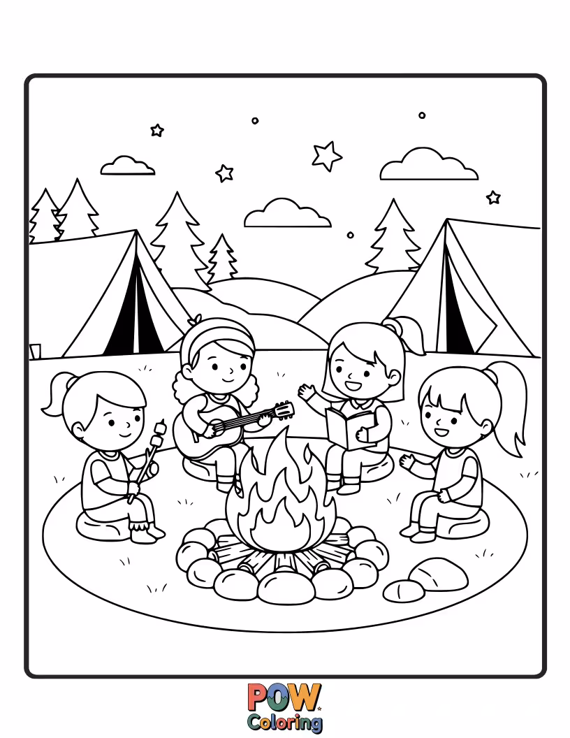 Free coloring page of A warm and inviting scene of friends roasting singing by a crackling campfire under a starry night sky.