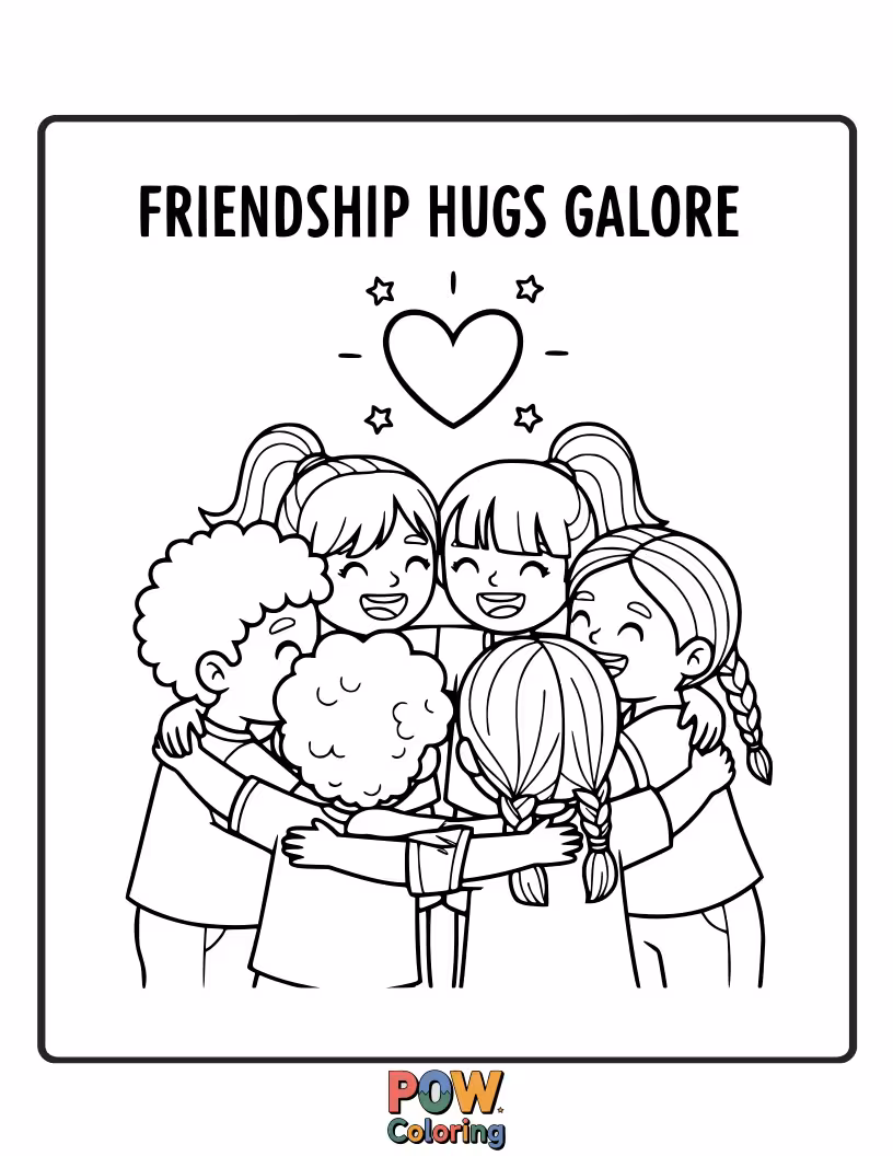 Free coloring page of A joyful friends sharing a loving hug, surrounded by colorful hearts and stars. Perfect for celebrating closeness.