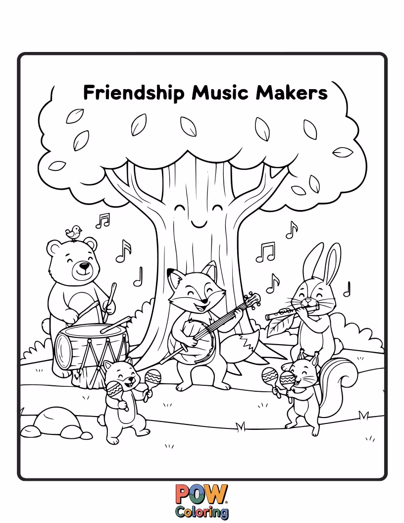 Free coloring page of A lively scene of animal friends playing various musical instruments together, creating a joyful, harmonious melody.