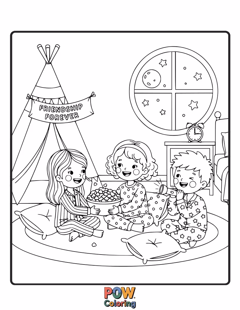 Free coloring page of Three sleepy friends wearing pajamas, sharing popcorn and hot chocolate during a cozy, magical slumber party.