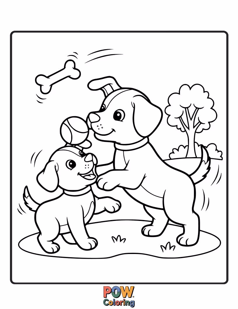 Free coloring page of Two energetic puppies were playing with a  colorful yarn balls, tails wagging with pure delight.
