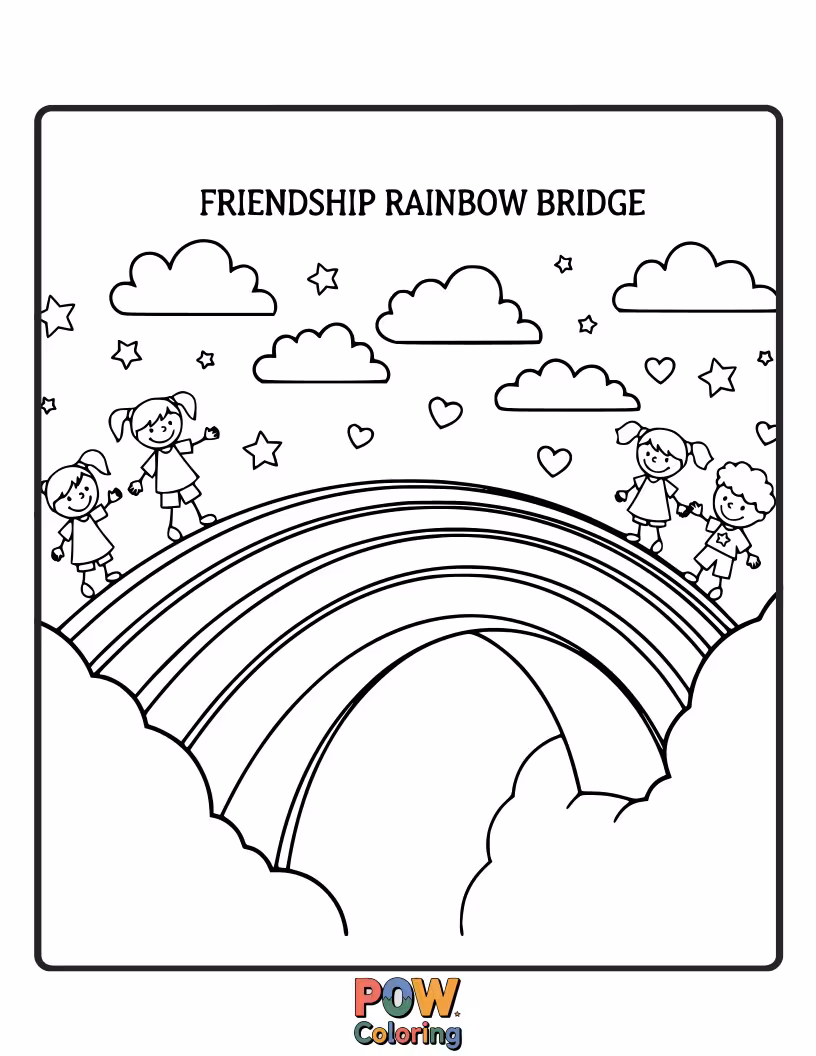 Free coloring page of A vibrant rainbow arching over two happy friends were in other end and cheering, with a happy smiles.