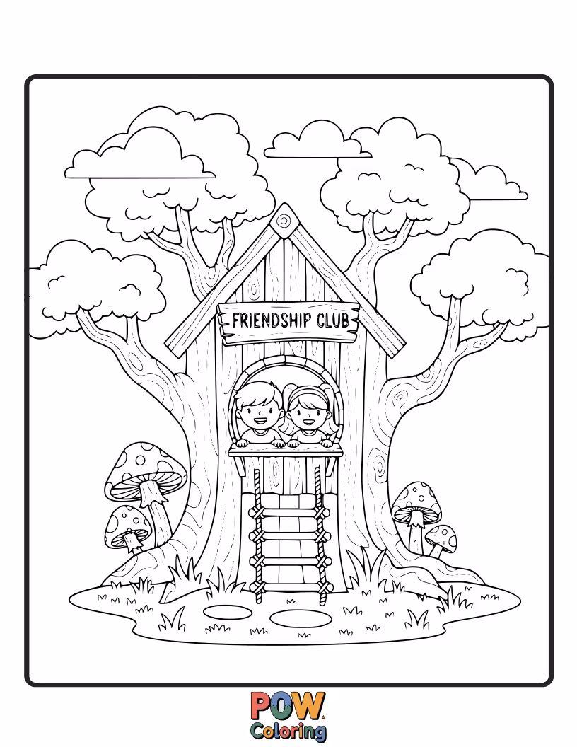 Free coloring page of A charming treehouse overflowing with secrets, where two little friends share giggles and plan their next big adventure.