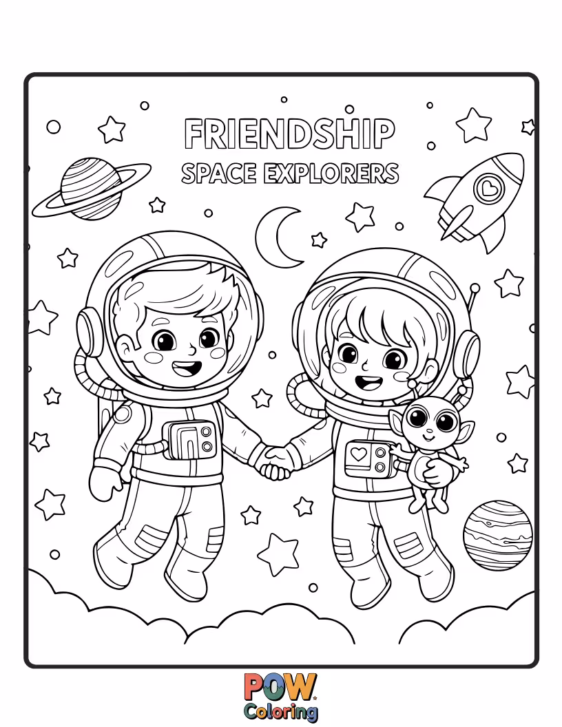 Free coloring page of A brave astronaut friends and a curious alien were exploring a friendly planet filled with candy-shaped asteroids.