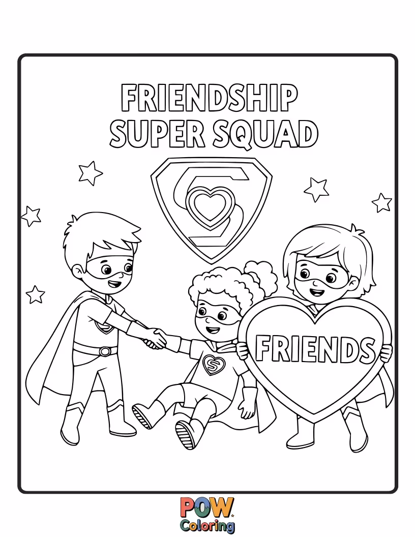 Free coloring page of A group of  friends wearing capes, ready to save the day with their unique super powers and big smiles.