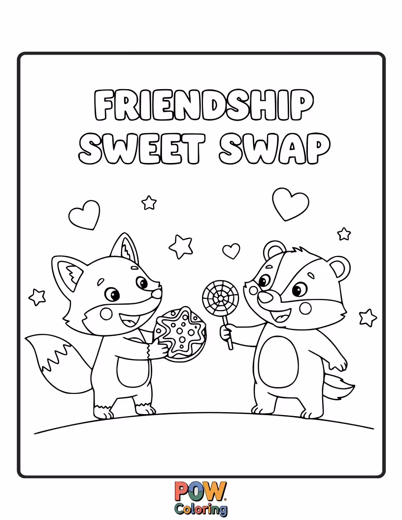 Free coloring page of A whimsical scene of two candy creatures, a lollipop and a cupcakes, sharing their sugary treats with smiles.