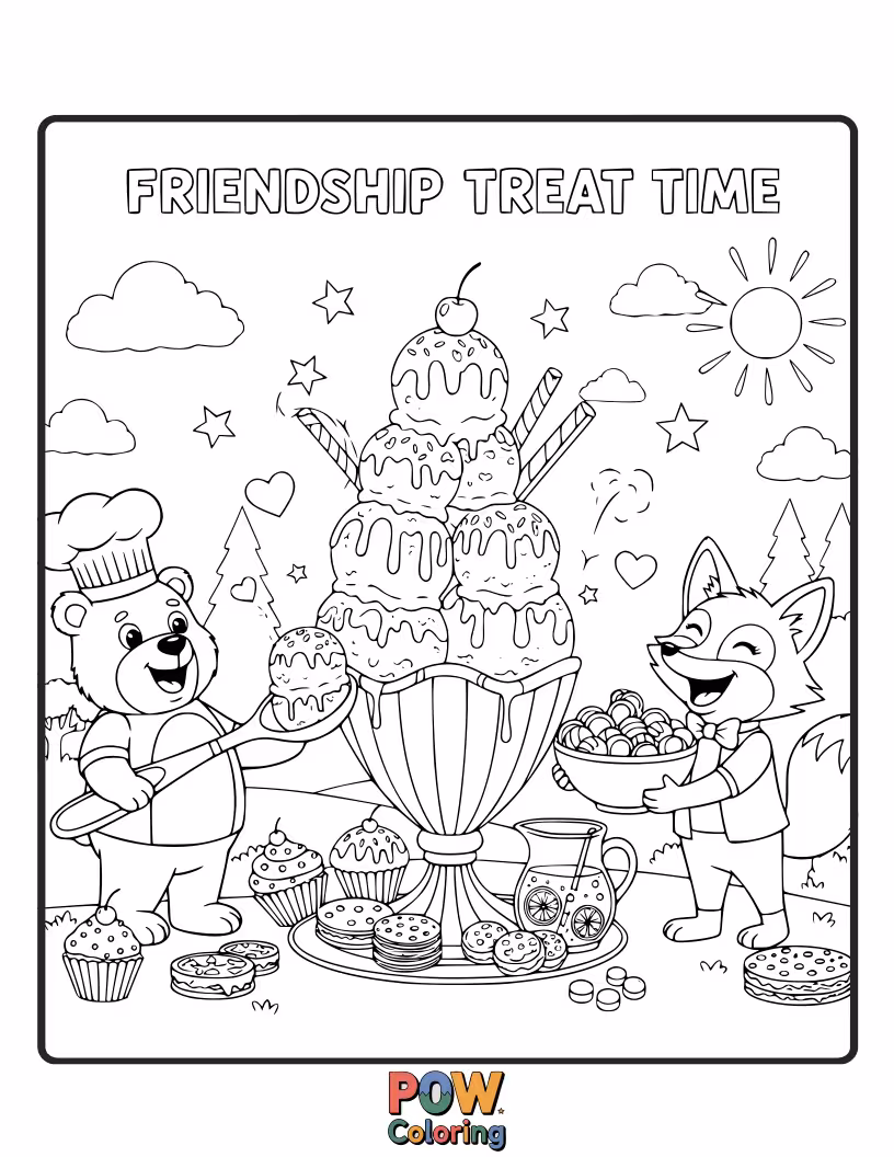 Free coloring page of A whimsical scene of two animal friends sharing a sweet treats as ice creams and happiness everywhere.