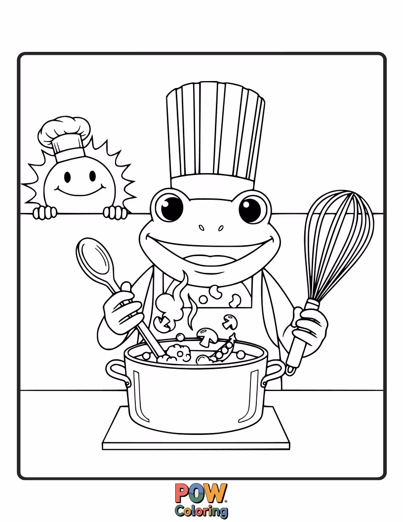 Free coloring page of This culinary frog is whipping up a delicious fly-burger with a chef's hat on. A tasty and fun coloring challenge!