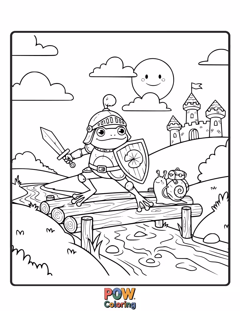Free coloring page of A brave frog knight in shining armor is ready to defend the pond with a tiny sword. Color this heroic amphibian!