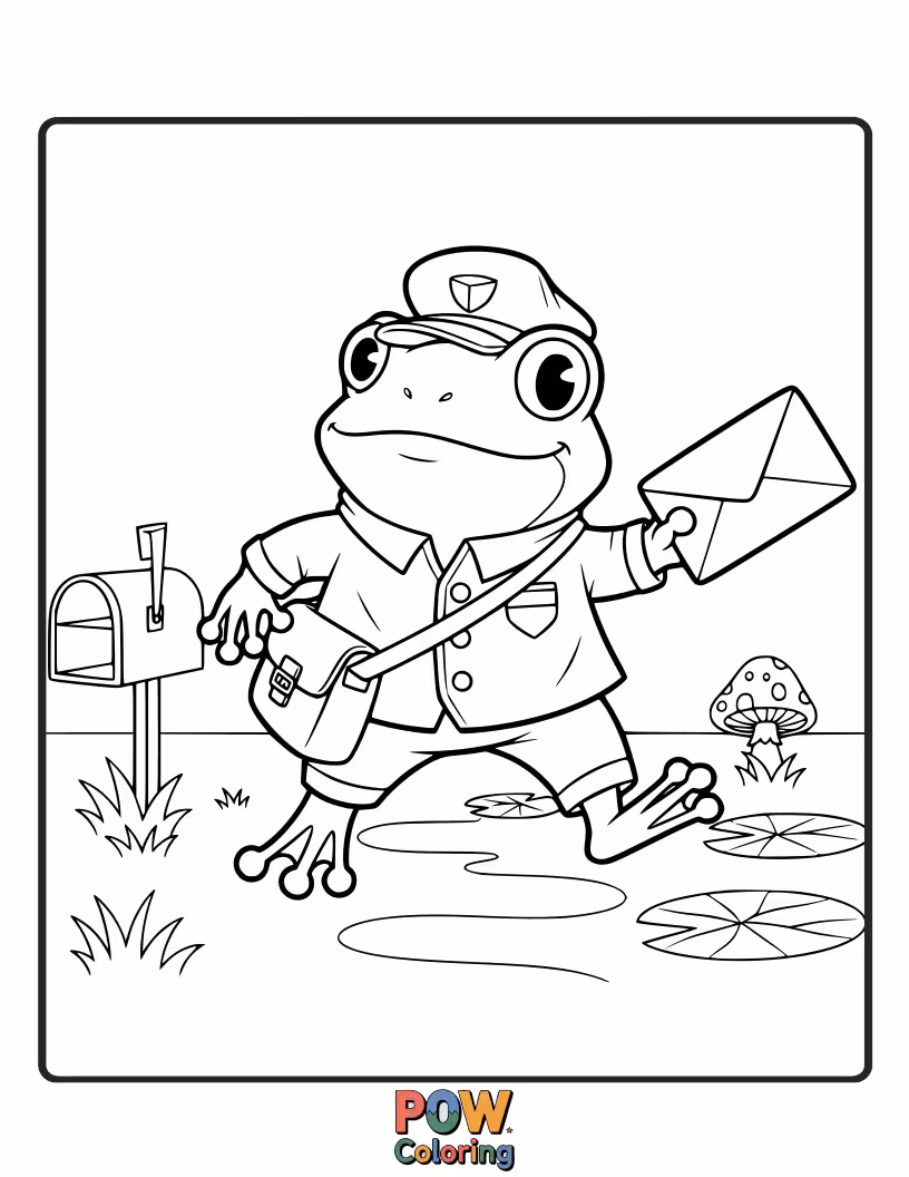 Free coloring page of Delivering letters with a smile, this friendly frog is a dedicated mail carrier. Spread joy with your colors!