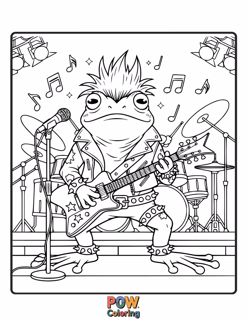 Free coloring page of This energetic frog is shredding a guitar on stage, with dazzling spotlights. Rock out with your colors!