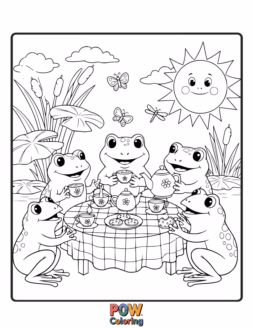 Free coloring page of A group of adorable frogs is enjoying a fancy tea party with tiny cups and saucers. Sip and color this charming scene!