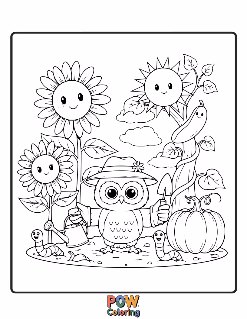 Free coloring page of A gentle owl with a watering can, tending to a patch of beautiful flowers.