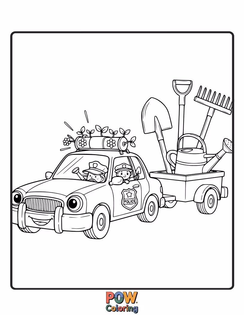 Free coloring page of Gardener police car, patrols the park, ensuring all the flowers are blooming and the trees are well-cared for.