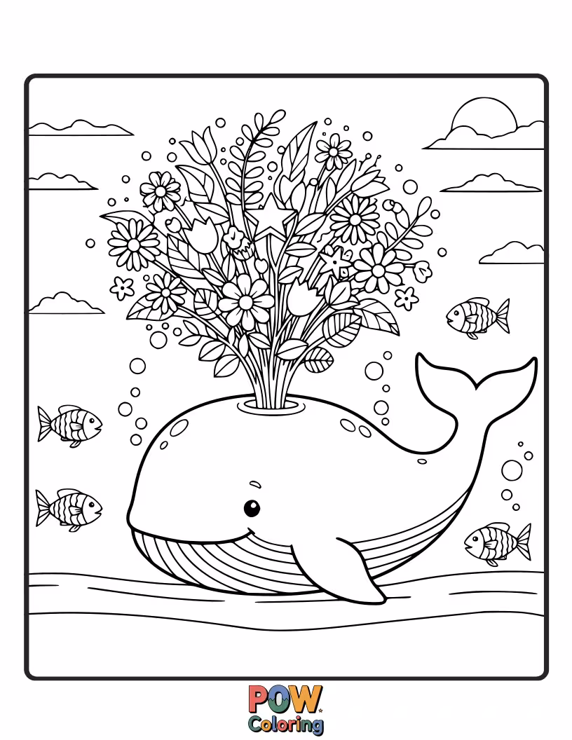 Free coloring page of A gentle whale with a gardening apron, carefully planting colorful underwater flowers with a sprinkle of magic.
