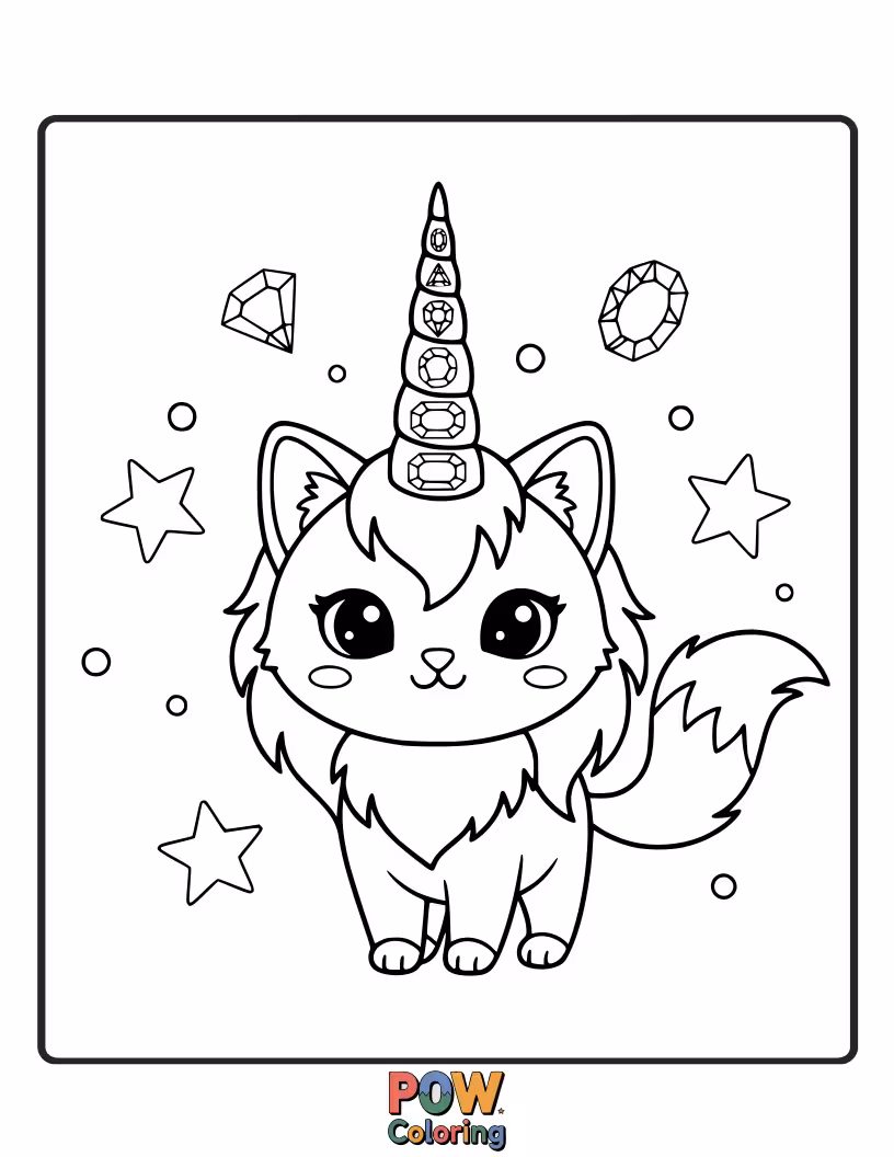 Free coloring page of A unicorn cat with a horn intricately carved from a large, sparkling gemstone, radiating magical energy.