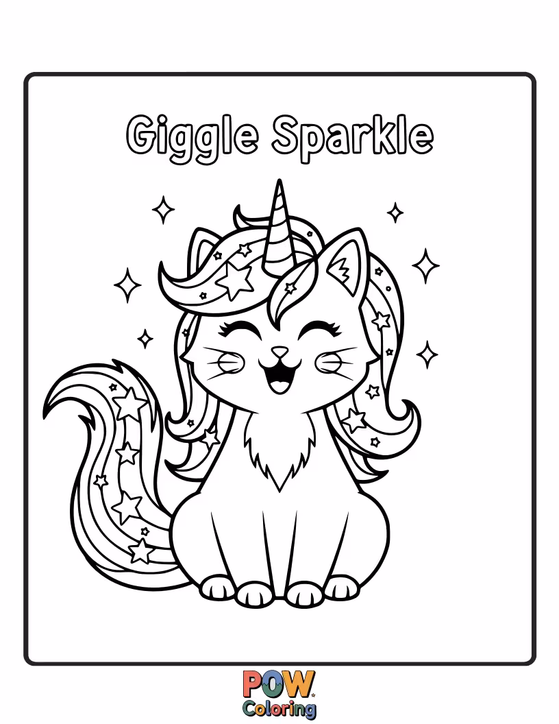 Free coloring page of A ridiculously happy unicorn cat, its fur shimmering with joy, leaving a trail of giggling sparkles wherever it trots.