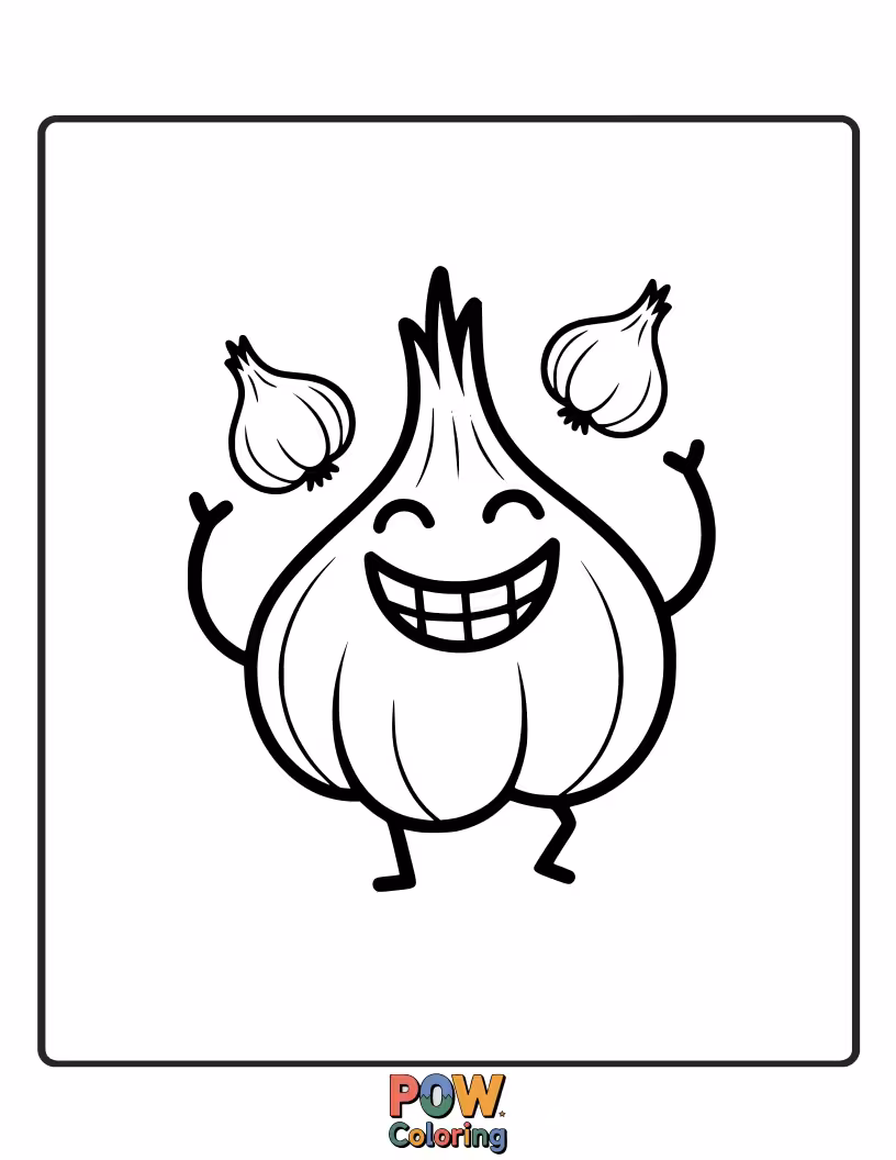 Free coloring page of A bulb of garlic with an infectious grin, sharing jokes with a mischievous little worm.
