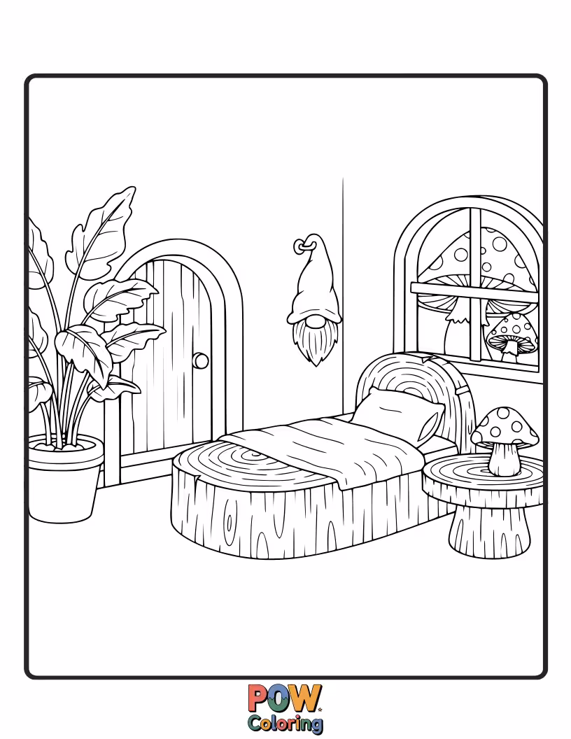 Free coloring page of Cozy mushroom houses and tiny furniture create a charming and whimsical dwelling for little gnomes.