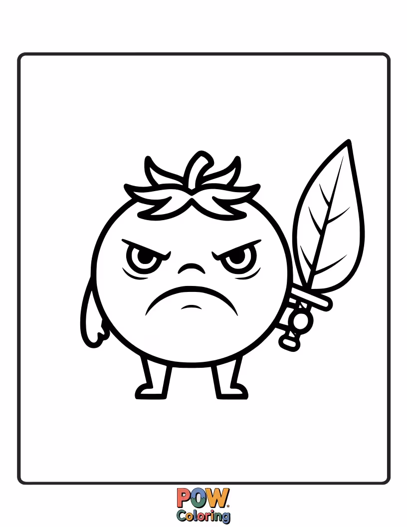 Free coloring page of A stout, grumpy tomato standing guard over a garden, looking hilariously protective of his fellow veggies.