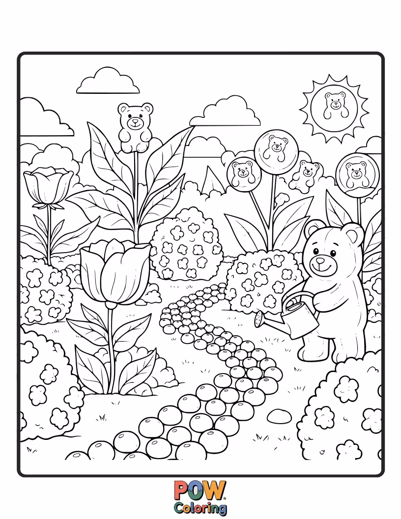 Free coloring page of A cheerful city where trees are gummy bears and buildings are candy-coated. A delightfully sweet and vibrant place.
