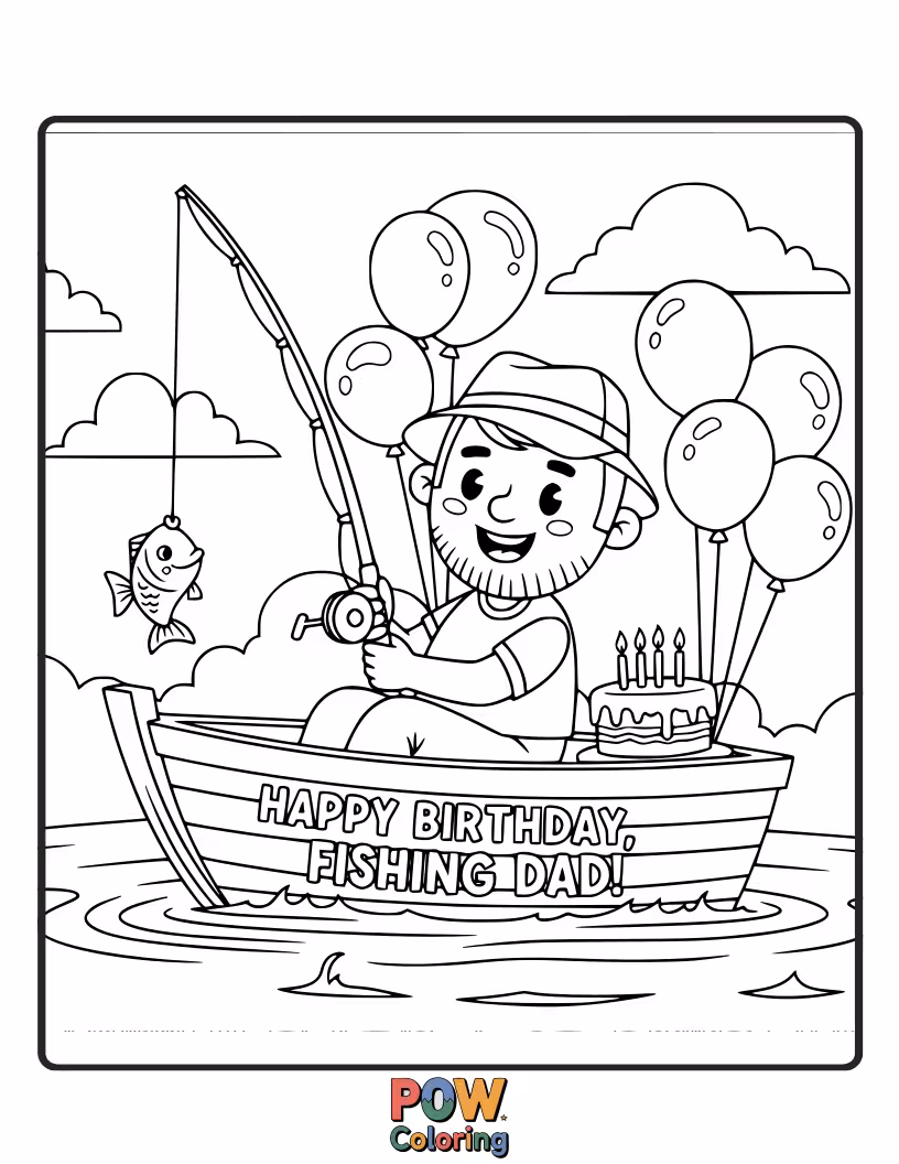 Free coloring page of A cheerful dad with a fishing hat casts a line into a pond, with a fish jumping joyfully.