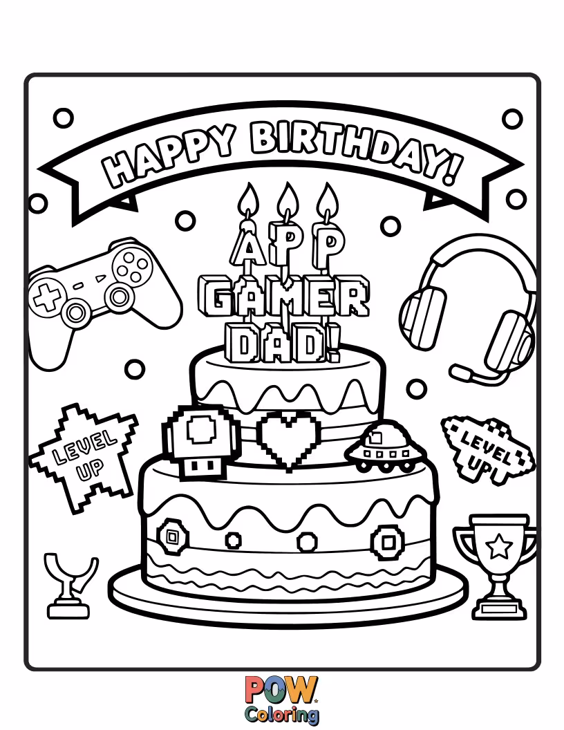 Free coloring page of A fun dad with a headset plays a video game, with power-ups and controller shapes all around.