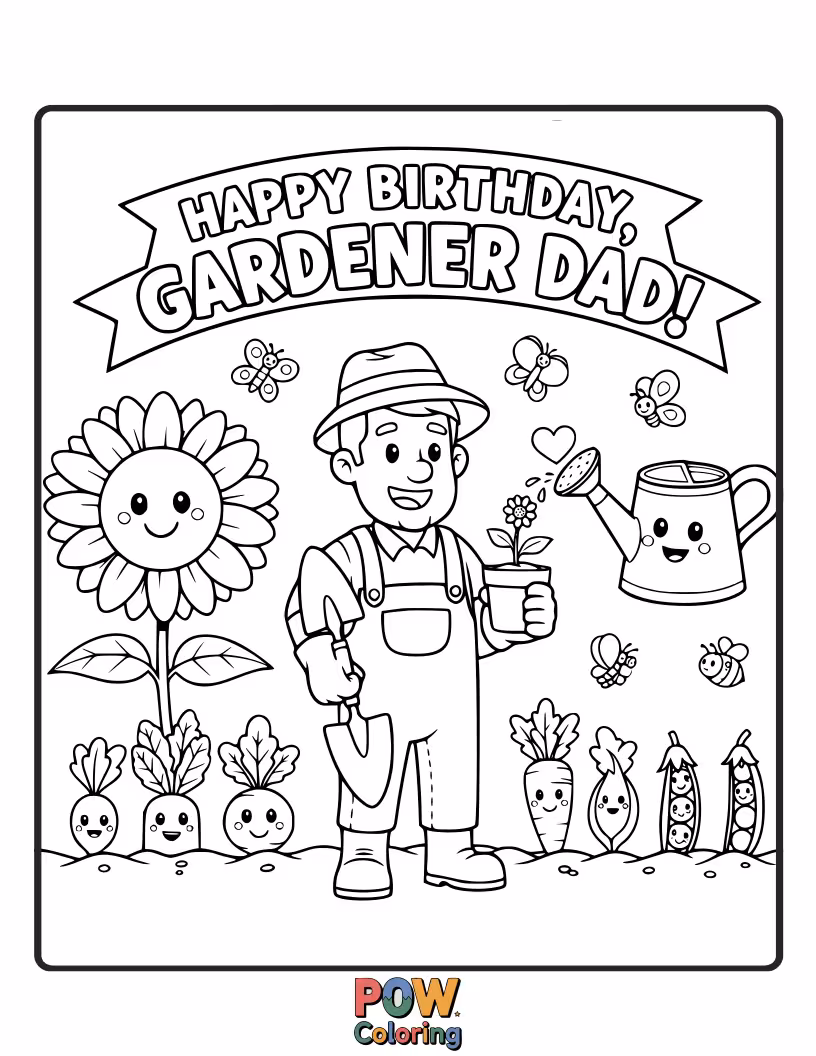 Free coloring page of A happy dad with a watering can tends to a garden bursting with colorful flowers and friendly bees.