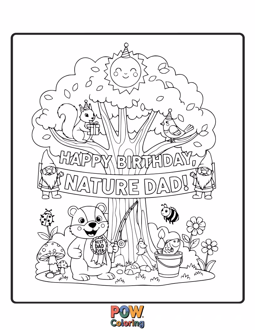 Free coloring page of A dad enjoys a picnic in a meadow, surrounded by friendly forest creatures and flowers.