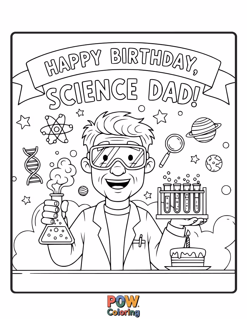 Free coloring page of A dad in a lab coat conducts a fun experiment with bubbling beakers and stars.