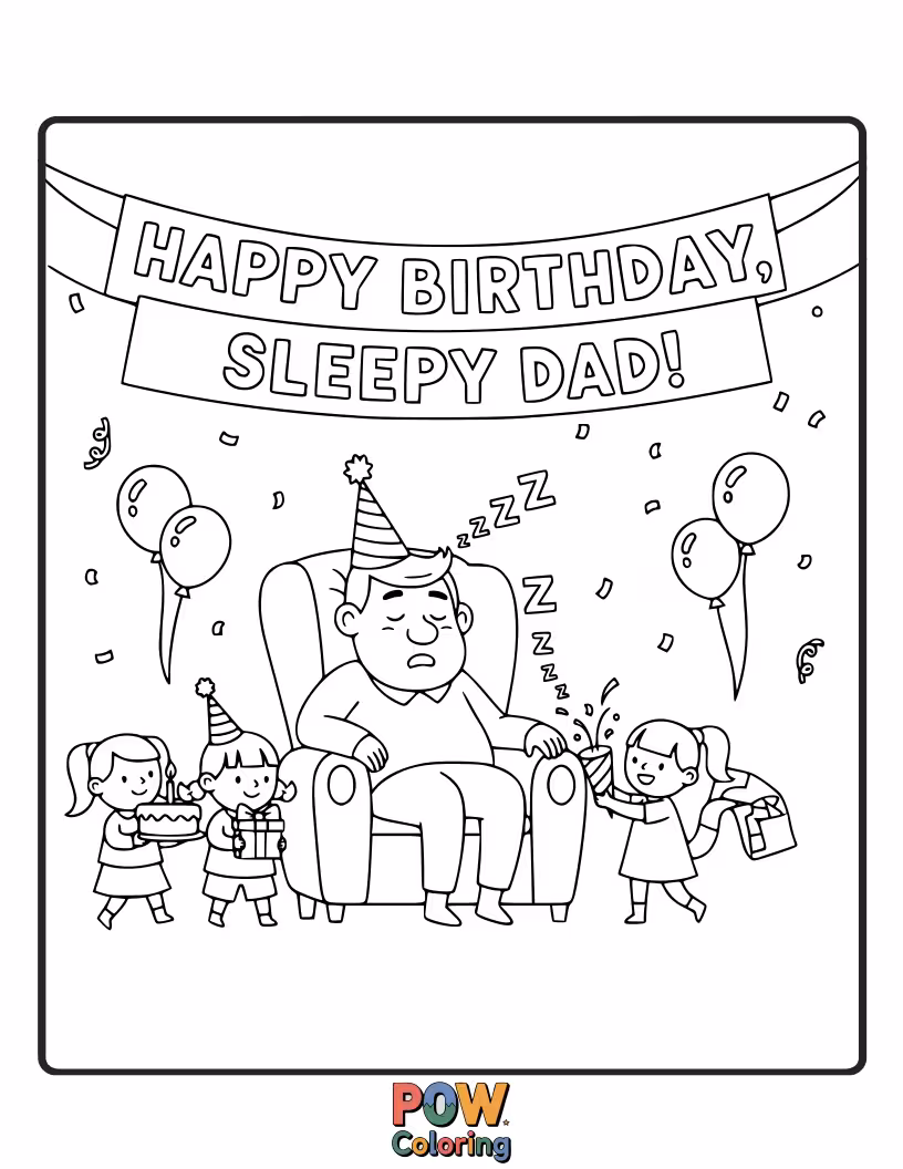 Free coloring page of A dad snuggled in bed with a birthday hat on dreams of delicious cake and presents.