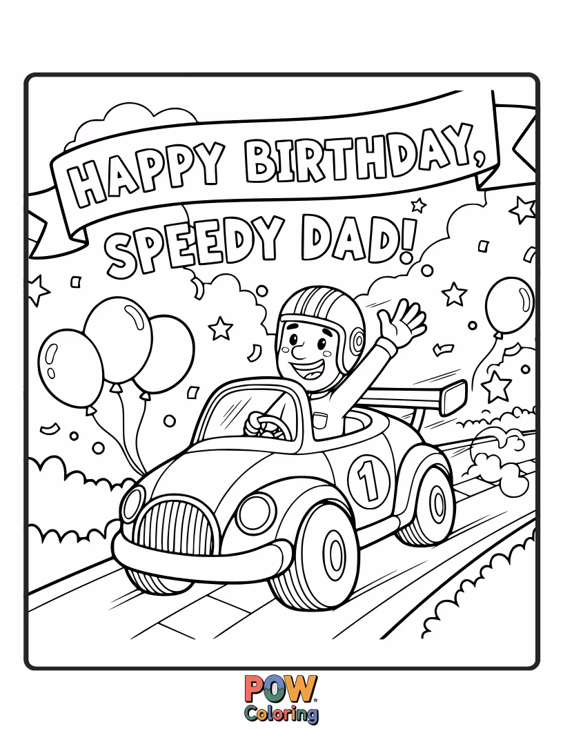 Free coloring page of A dad with a racing helmet speeds past in a fun cartoon car, leaving a trail of confetti.