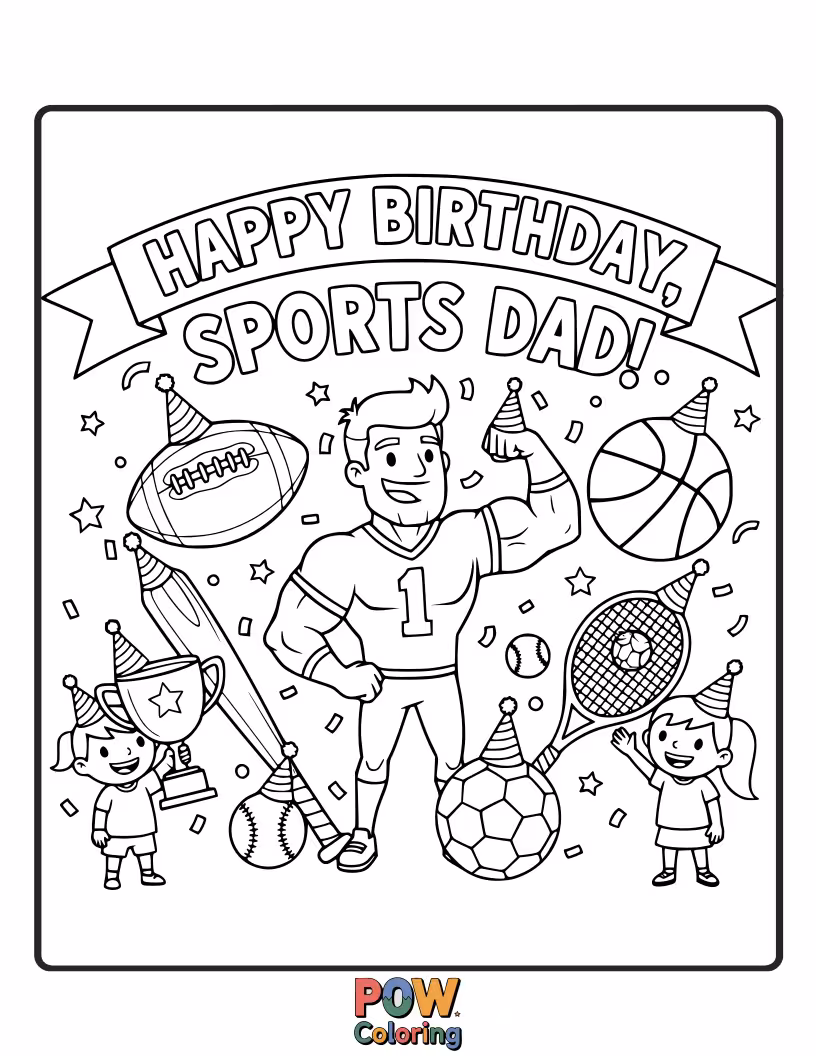 Free coloring page of A dad scores a winning goal or hits a home run, with sports equipment celebrating.