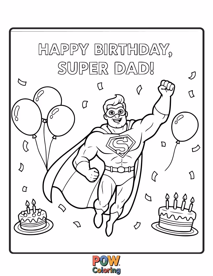 Free coloring page of A super dad in a cape soars through the sky, holding a birthday cake with candles.