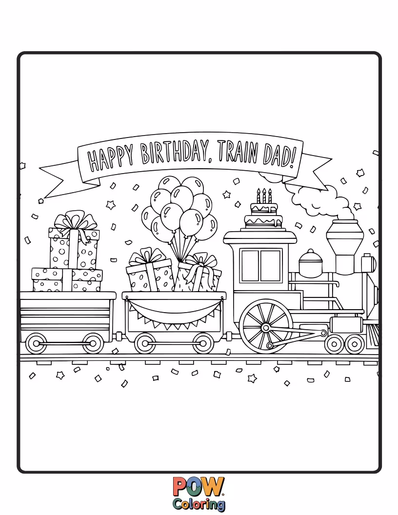 Free coloring page of A dad drives a happy train filled with presents, chugging along a track with birthday decorations.