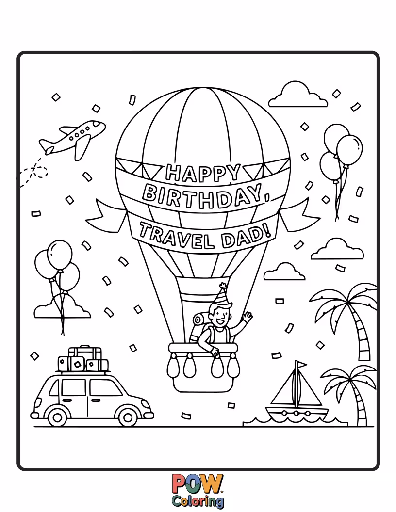 Free coloring page of A dad with a suitcase and passport stands by a globe, ready for birthday adventures.