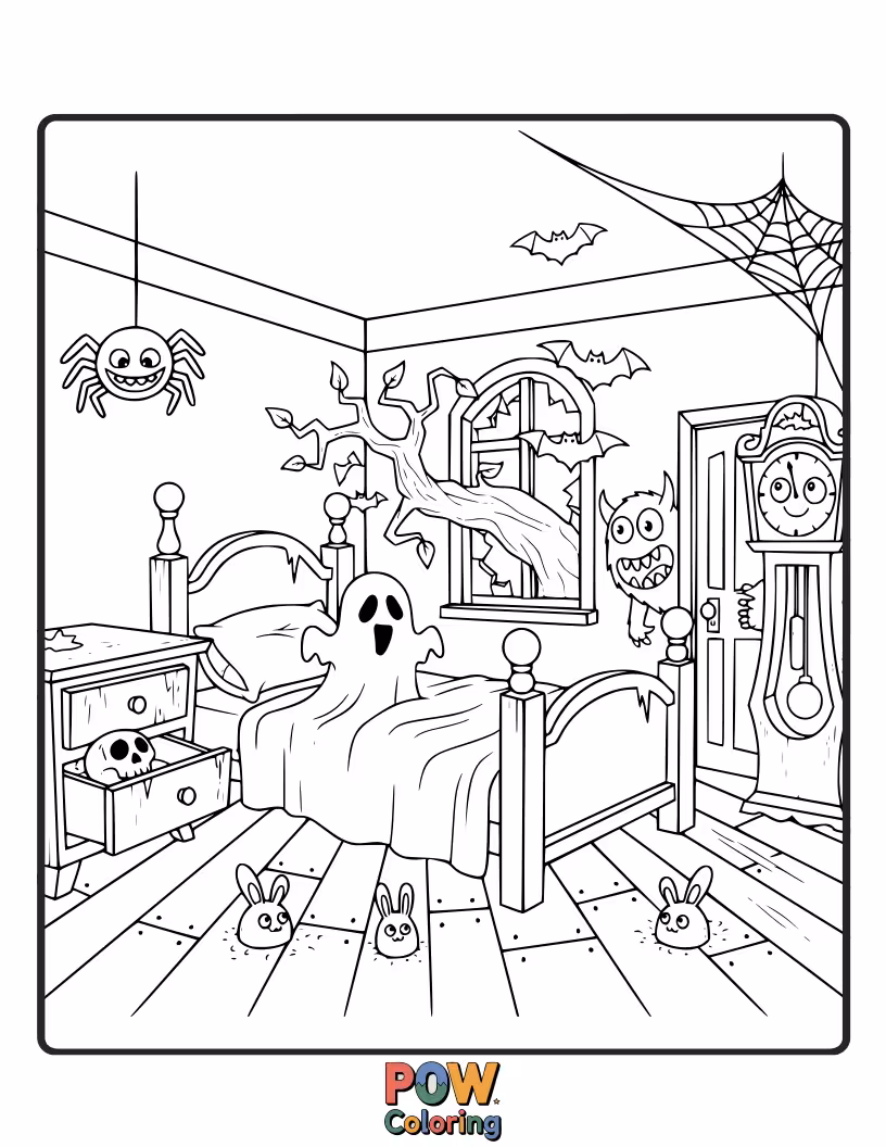 Free coloring page of Friendly ghosts, smiling bats, and spooky decorations make this a delightfully eerie and fun room.