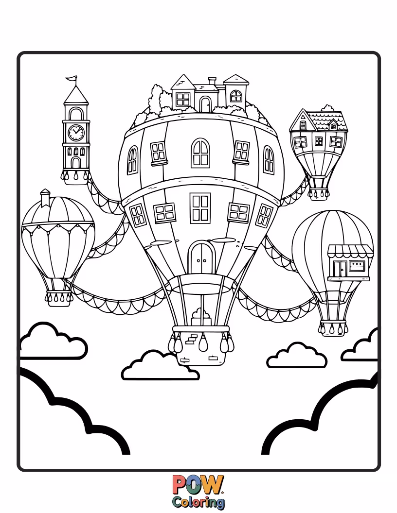 Free coloring page of Buildings with vibrant hot air balloons tethered to their rooftops. Drift through a colorful, sky-high urban landscape.