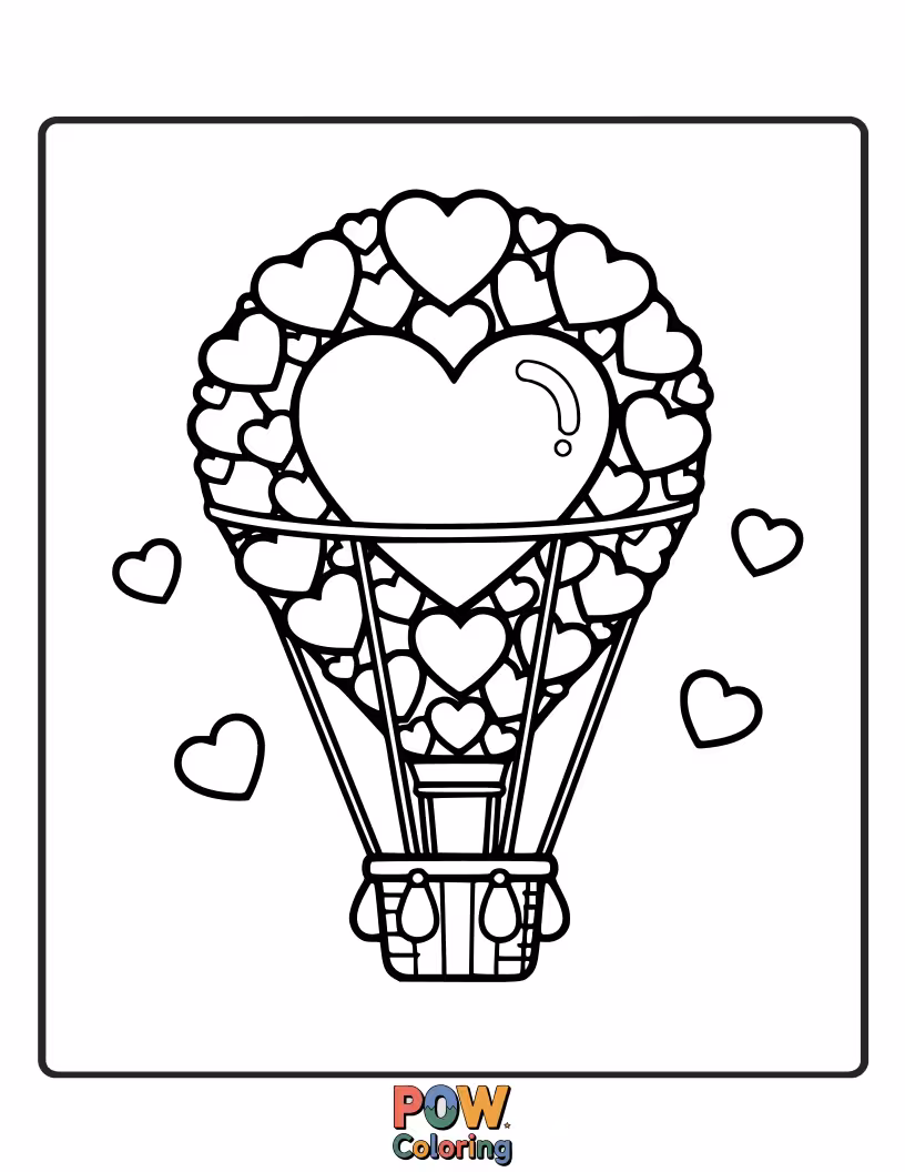 Free coloring page of Whimsical hot air balloons in heart shapes floating over a picturesque landscape. Adventure in the air.