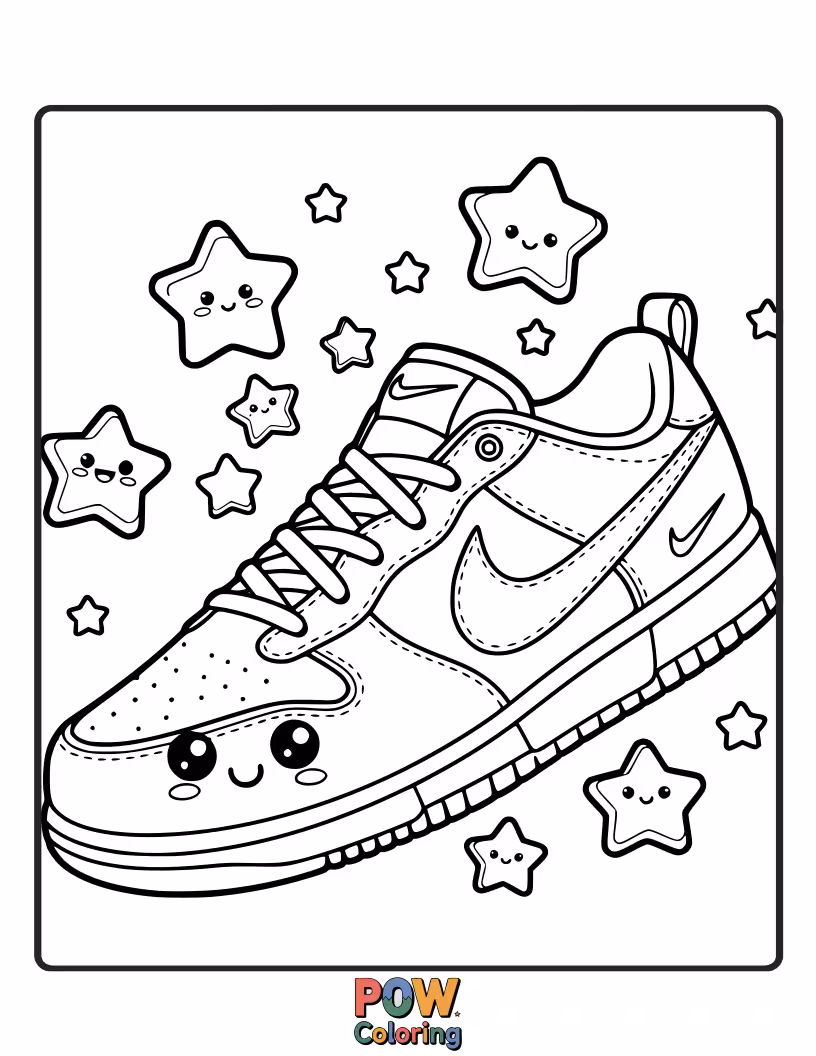 Free coloring page of Tiny, adorable Nike shoe adorned with sparkling stars, perfect for aspiring fashion designers and space enthusiasts.
