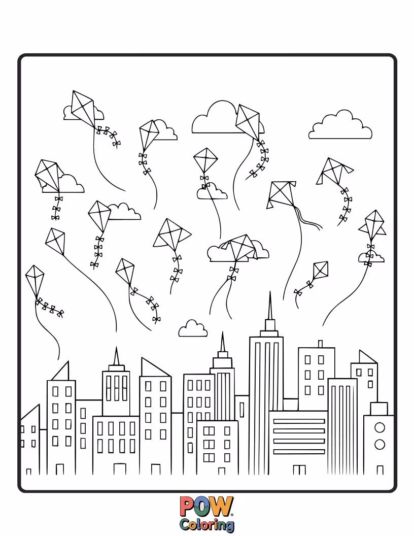 Free coloring page of A city with buildings featuring numerous colorful kites flying from rooftops and balconies. A breezy, playful urban setting.
