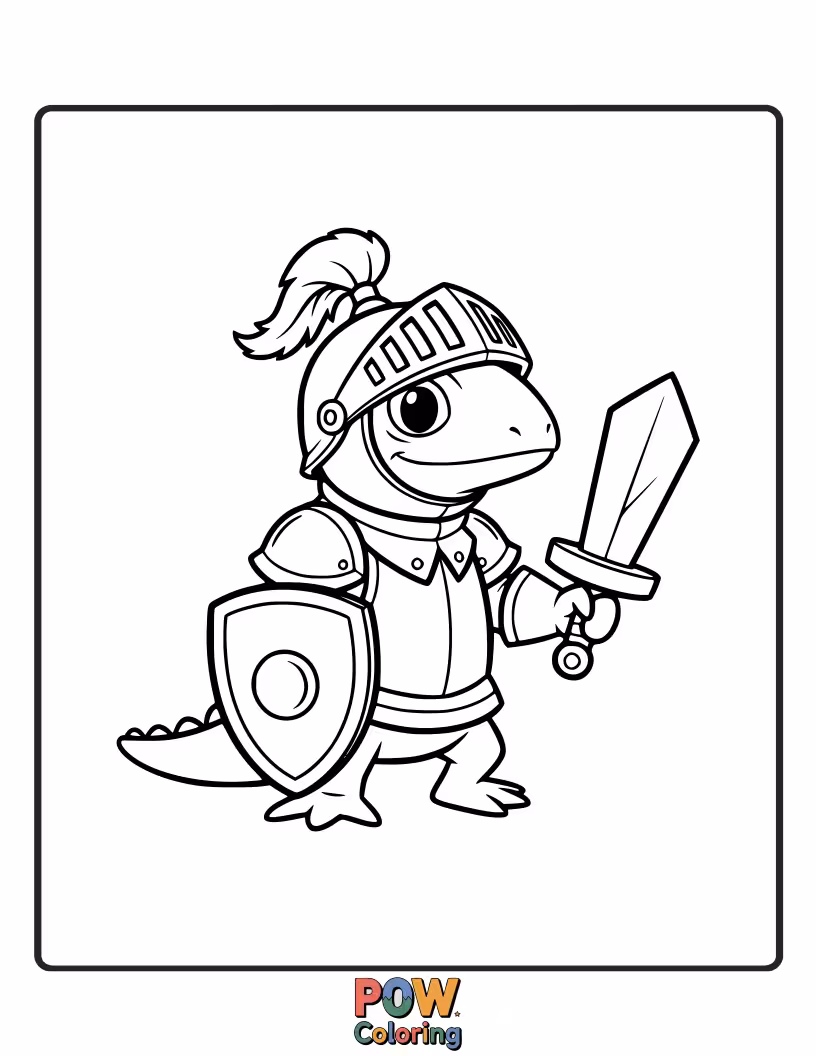 Free coloring page of A brave lizard clad in miniature knight's armor, ready to defend its castle (or terrarium!).