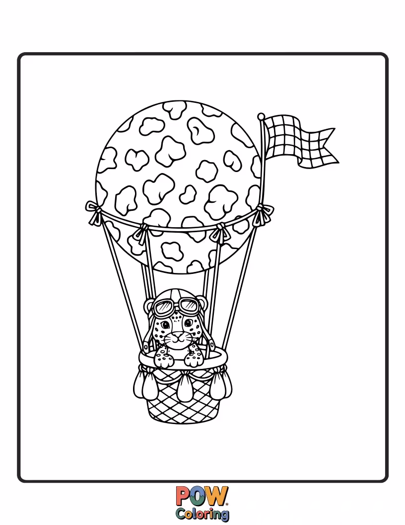 Free coloring page of A happy leopard floats upwards, holding onto a bunch of colorful balloons. Where will this adventure take it?