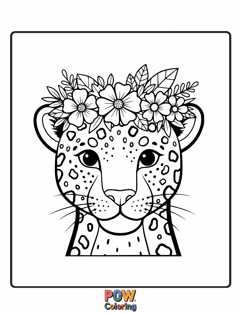 Free coloring page of A regal leopard wears a beautiful crown made of colorful flowers and leaves. Give it a floral makeover.