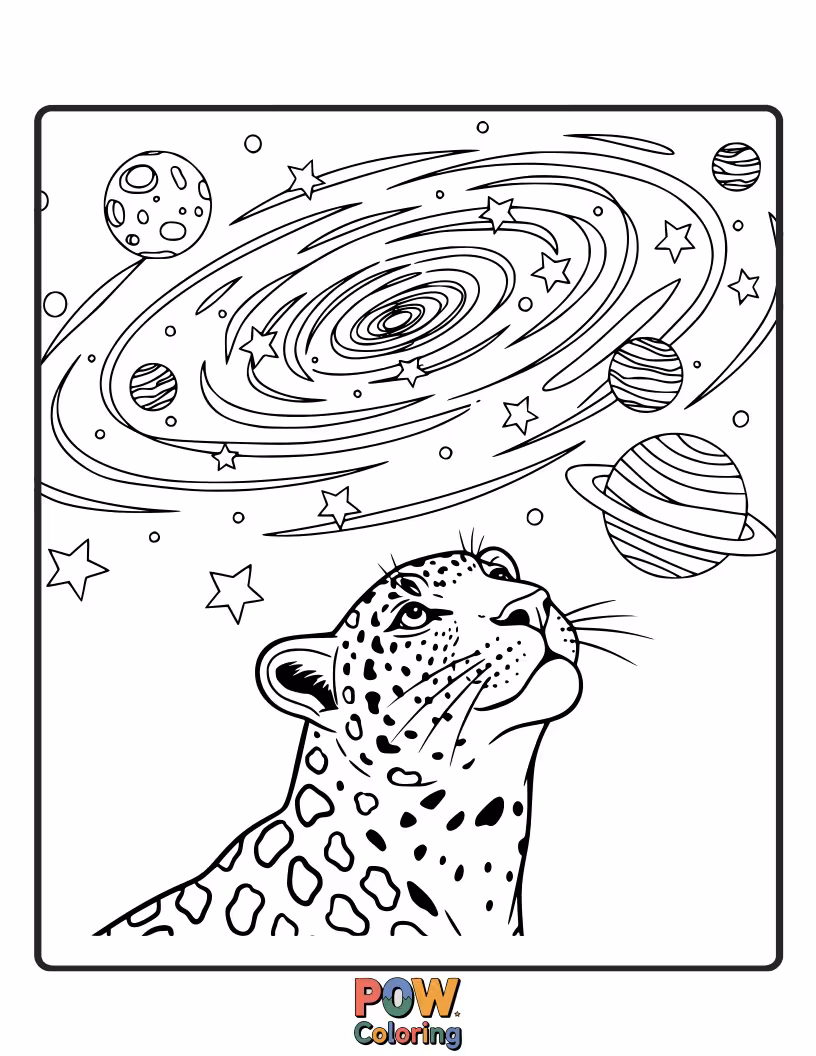 Free coloring page of A mystical leopard gazes into a swirling galaxy, its spots reflecting the starlight. Create an ethereal scene.