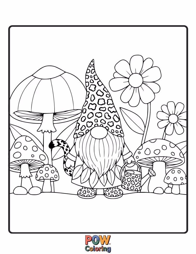 Free coloring page of A tiny leopard is dressed as a garden gnome, complete with a hat and a watering can. Help it tend the plants.