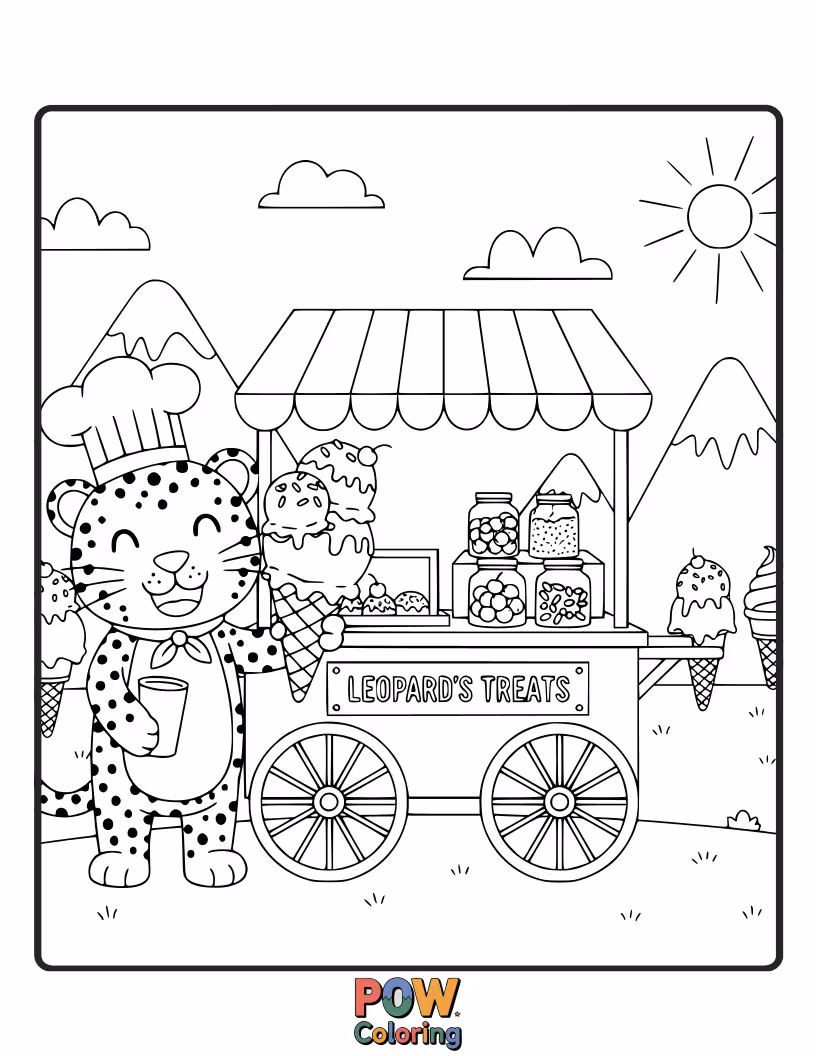 Free coloring page of A joyful leopard is happily licking a giant, spotty ice cream cone. What flavors will you make its treat?