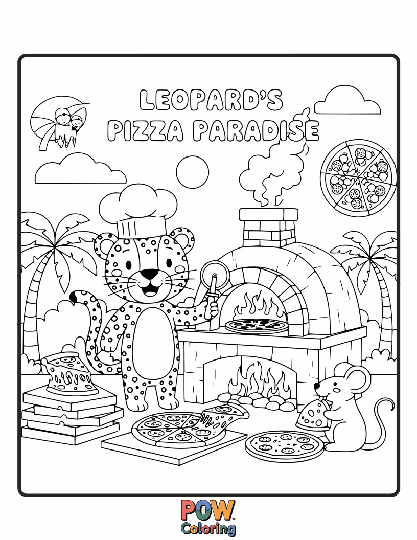 Free coloring page of This hungry leopard is surrounded by delicious slices of pizza, its spots resembling pepperoni. What toppings will you add?