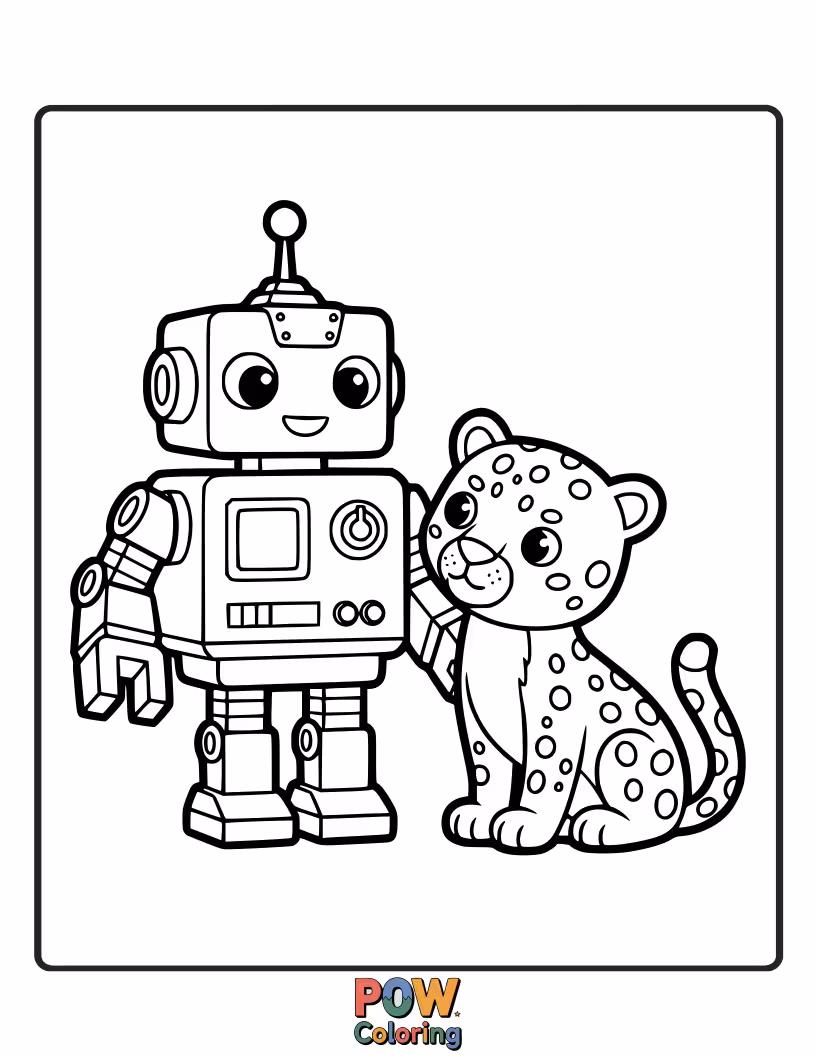 Free coloring page of A futuristic leopard is best friends with a friendly, spotted robot. Color their high-tech adventure together.